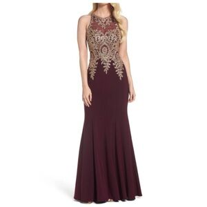 Xscape Burgundy High Neck Gold Lace Gemstone Sleeveless Mermaid Dress
